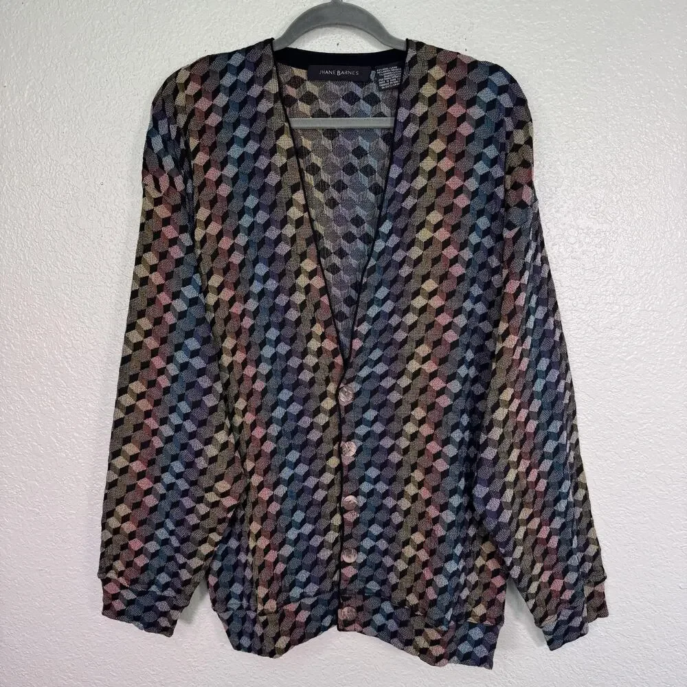 Vintage Jhane Barnes Cardigan Mens XL Geometric Wool Knit Button Sweater Art